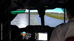 Helicopter pilots train on a computer simulator helicopter