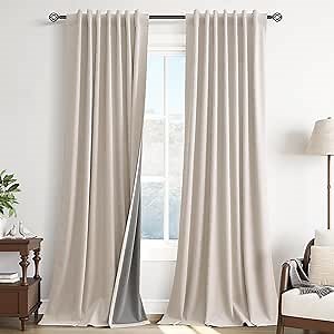 Guken Linen 100% Blackout Curtains 96 Inches Long 2 Panels Set Linen Back Tab Country Farmhouse Natural Black Out Thermal Insulated Soundproof Primitive Living Room Bedroom Nursery 52x96 8Ft