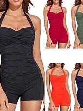 Women's Swimwear One Piece Monokini Swimsuit Halter Tummy Control High Waist Slim Backless Vacation Beach Wear Solid Color Halter Neck Sleeveless Bathing Suits 2025