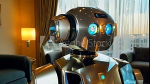 lobby robotspace lighting shining table still metallic soft hotel frame sits ai footage robot innovation technology futuristic electronic android bot robotic modern assistant domestic automated artif