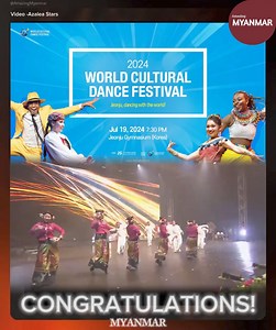Congratulations to Myanmar!; Amazing Myanmar 🧡🇲🇲 Azalea Stars secured the Silver prize at the 2024 World Cultural Dance Festival 세계문화댄스페스티벌! 🌟 Organized by the International Youth Fellowship (IYF) Cultural Dance Festival Preparation Committee, this global event saw participation from 16 countries showcasing their traditional dances. The event took place on 19 July 2024 at Jeonju Indoor Stadium in Gunsan, starting at 7:30 PM. 🎊 #Congratulations #Myanmar #AzaleaStars #SilverPrize #WorldCultur
