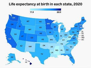 Map shows the average life expectancy for people in each state