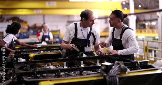 Senior factory worker mentoring a young intern, explaining the assembly process and discussing a mechanical part while working together on a production line inside a large industrial plant