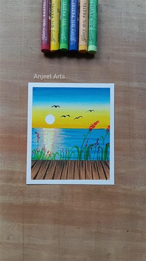 Easy Sunset Lake Scenery Drawing | Oil Pastel for Beginners #shorts