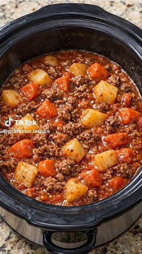 Dish Name: Slow Cooker Beef and Potato Stew Ingredients - 500 g ground beef - 3 medium potatoes (cubed) - 2 carrots (sliced) - 1 small onion (chopped) - 2 cloves garlic (minced) - 2 cups tomato sauce - 1 cup beef broth - 1 tsp paprika - 1 tsp dried oregano - ½ tsp salt - ½ tsp black pepper - 1 tbsp olive oil Recipe 1. Heat olive oil in a pan over medium heat and cook the chopped onion and garlic for 2–3 minutes. 2. Add ground beef and cook until browned. 3. Transfer the beef mixture to a slow co