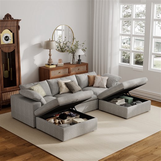 The Magic Home 118" Sofa Couch, Cloud Modular Sectional Sofa with Removable Storage Ottoman, U Shaped Linen Modern Comfy for Living Room, Apartment, Office, DIY Combination, 3 Seater Grey Couch
