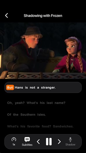 shadowing practice challenge with frozen, anna and kristoff's true love quiz Frozen is a great movie to improve your american accent. Perfect english shadowing practice for A1 / A2 / B1 levels and beginners -- repeat and train your pronunciation, listening and speaking with this iconic movie scene. Today's phrases -