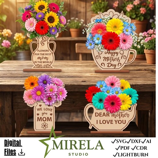 Mother's Day Flower Bouquet SVG Laser Cut File, 3D Wooden Floral Vase Glowforge Design - Etsy