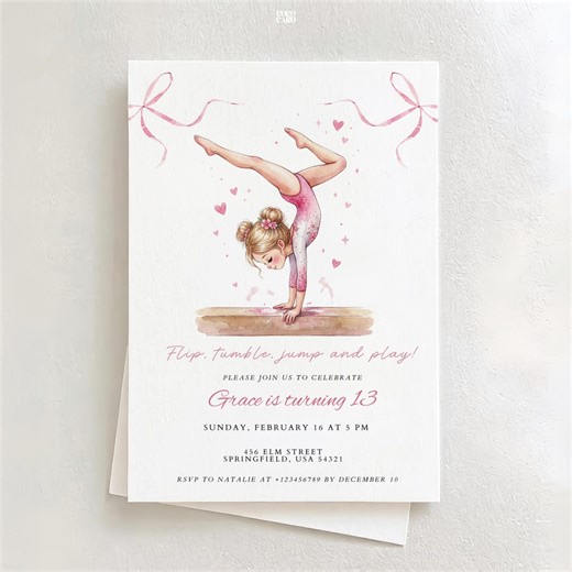 Gymnastics Birthday Invitation Template: Any Age Sweet Girl Tumble Party Invite (canva Editable, Instant Download) - Etsy