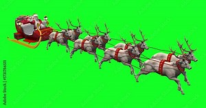 Santa Claus riding sleigh pulled by eight reindeer with gifts, representing Christmas Eve delivery, holiday magic, and festive winter celebration tradition. 3d rendering animation on green screen.