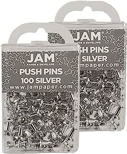 JAM PAPER Colorful Push Pins - Silver Pushpins - 2 Packs of 100