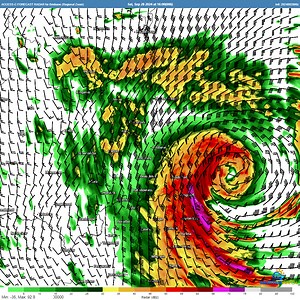 Check out the radar & wind loop of the low off the southern Queensland coastline from the C3 model (courtesy of metcentre.weatherwatch.net.au)! It's impressive to see such a well organised low. It's always hard to classify these types of systems, but it's probably a type of "hybrid" low (even though it's well out of season for one). That is, it has some warm and cold cored characteristics with warm air wrapping around the eastern edge (though it's more similar to an East Coast Low). East Coast L