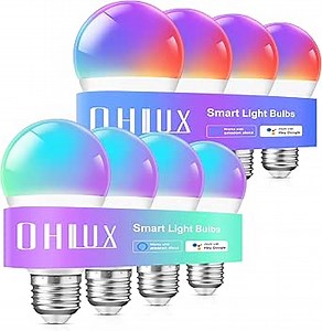 OHLUX Smart Light Bulbs 8Pack, WiFi & Bluetooth, RGB Color Changing, 100W Equivalent, Dimmable, A19 E26 110V, Compatible with Alexa, Google Assistant, Music Synic