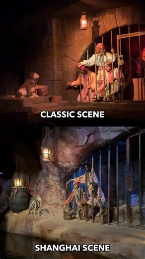 🏴‍☠️ A lifetime behind bars! One of the most iconic moments in the classic Pirates of the Caribbean ride is the prisoner scene, where jailed pirates whistle and call out to a dog holding the cell keys just out of reach. As you can see, in Pirates of the Caribbean: Battle for the Sunken Treasure the dog and prisoners have turned into skeletons💀. • • • #disneyparks #piratesofthecarribean #piratesofthecaribbeanbattleforthesunkentreasure #disneyworld #disneyland #shanghaidisney #shanghaidisneyland