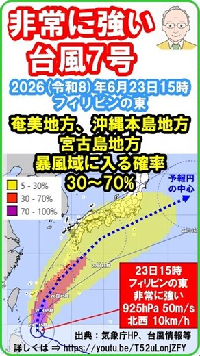 【速報 『非常に強い台風第7号！ ➀2026年6月25～27日頃にかけて、沖縄地方に接近する見込み！ ②暴風域に入る確率30～70%：奄美、沖縄本島、宮古島の各地方！』】 23日15時 #shorts