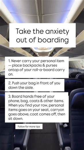 Jetset with Wesley | Transforming Travel Experiences on Instagram: "Ever wonder why some people board like total pros? 👀 Here are three small habits that make a huge difference in how smooth (and fast) your boarding experience is: 1️⃣ Never carry your personal item. Strap your backpack or purse on top of your roll-aboard before you get in line. Free hands = easier boarding. 2️⃣ Push your bag down the aisle instead of pulling it. You won’t clip elbows, shoulders, or seats — and it’s faster to sl