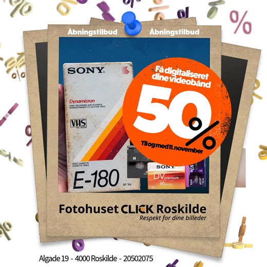 🎉 Enestående Åbningstilbud – 50% på Overspilning af Videobånd til DVD! 🎉 Har du en kasse fyldt med gamle videobånd? En kasse med minder og oplevelser, som fortjener at blive genoplevet – men som ligger gemt væk, fordi VHS-maskinen for længst er endt på genbrugspladsen, og videokameraet ikke længere virker? Lad os hjælpe dig med at bringe de gode stunder tilbage! Frem til 11. november tilbyder vi 50% rabat på alle videooverspilninger til DVD. 📍 Kig forbi butikken på Algade 19 – det er som rege