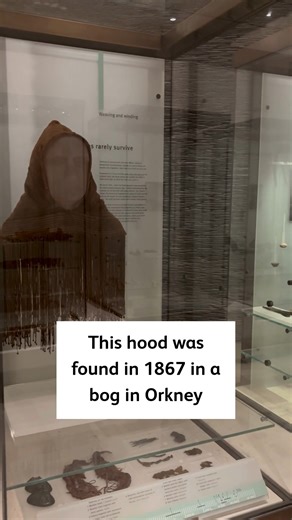 This hood was discovered in a bog in Orkney in 1867. It was buried, perhaps lost, in the ground around 1500 years ago. Textiles rarely survive, so it's ✨ quite remarkable ✨ that this woolen garment is completely intact. It’s the only complete piece of clothing to survive from before the medieval period in Scotland. Research has shown that it likely belonged to a child and was made using an older garment that was carefully recycled, perhaps from an older relative. See it on display in the Early P
