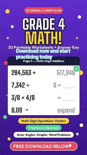 FREE Grade 4 Math Worksheets (30 Pages + Answer Key