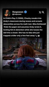 In Child's Play 2 (1990), Miss Kettlewell didn't expect it
