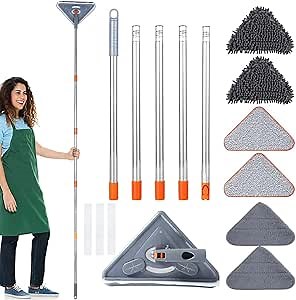 82" Wall Cleaner Mop with Long Handle, 360° Rotatable Microfiber Dust Mop with 39.8-82" Extension Pole, Ceiling Wall Cleaning Mops w/ 6 Microfiber Chenille Pads, Triangle Mop Kit for Window Baseboard