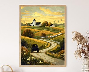 Amish Countryside Illustration, Horse-drawn Buggy, Rural Farm Scene - Etsy