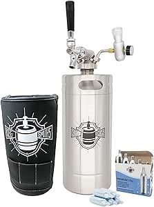 CO2 Keg System Kit | 128oz Stainless Steel Pressurized Mini Growler | Portable Dispenser Keeps Carbonation for Draft, Homebrew, Craft Beer | Kooler Jacket | 5 Pack CO2 Threaded Cartridges