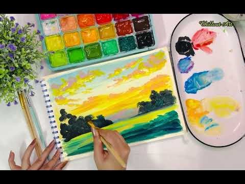 Chillout Art/Gouache painting /How to paint Landscape painting with gouache for beginners P30