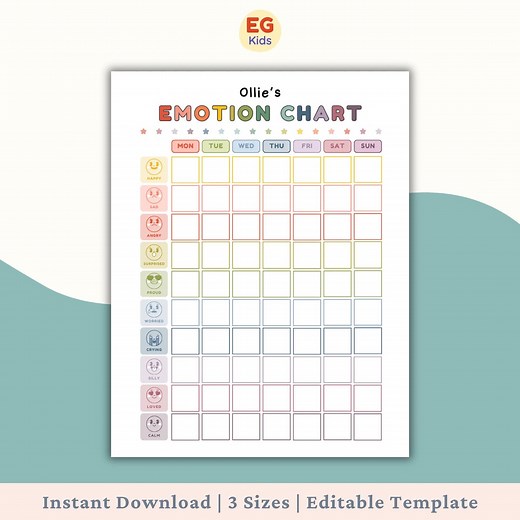 Kids Emotion Chart Printable, Editable Feelings Tracker for Children, Daily Mood Visual ASD, ADHD, Calm Down Tool, Social Emotional Learning - Etsy