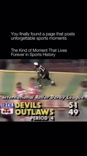 Unforgettable Sports Moments on Instagram: "This shows a 1985 International Roller Derby League moment known as Harold Jackson’s “The Comeback,” where he fought through five Outlaws defenders on skates to score the game-winning points for the Devils with less than 40 seconds remaining. The dramatic clip has resurfaced and gone viral, earning over 2.2 million views and reminding viewers why the play became one of Roller Derby’s most legendary moments. Although Roller Derby was scripted for entert