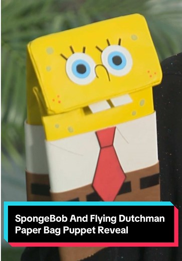Now presenting the official SpongeBob and Flying Dutchman paper bag puppets to Tom Kenny and Mark Hamill 💛💚 Experience The #SpongeBobMovie: Search for SquarePants in theaters this Friday! Reserve your tickets at the link in bio. #movietok #filmtok #holiday