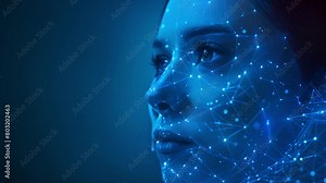 Side profile of a woman augmented with a digital mesh network.