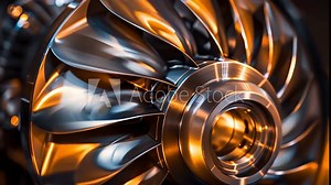 A closeup of a variable geometry turbocharger with adjustable vanes to optimize the airflow and boost pressure for different driving conditions.