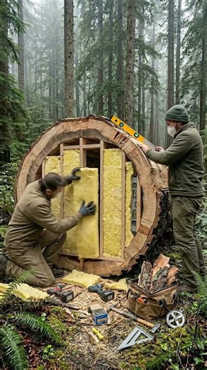 Turning a Giant Log Into a Secret Cabin #bushcraft #satisfying #timelapse #viral #diy