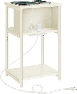 VASAGLE Side Table with Charging Station, 3-Tier End Table with USB Ports and Outlets, Nightstand for Living Room, Bedroom, 11.8 x 13.4 x 22.8 Inches, Plug-in Series, Cream White