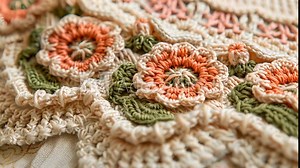A detailed look at the beautifully scalloped hem of a handcrocheted apron made from soft creamcolored yarn and embellished with intricate floral motifs in shades of pink and green.