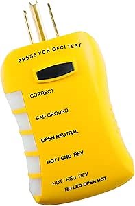 Sperry Instruments HGT6520, Stop Shock II-Single, DIY Testing-120V AC, 3 Color LED Indicator, Comfort Grip, Patented GFCI Outlet Tester, Yellow