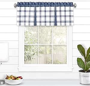 ACHIM Tate Window Curtain Valance - 56 Width, 13 Length, 1.5 Inch Rod Pocket - Blue - Ultra-Soft Light Filtering Fabric with Windowpane Plaid Design & Machine Washable Home Decor