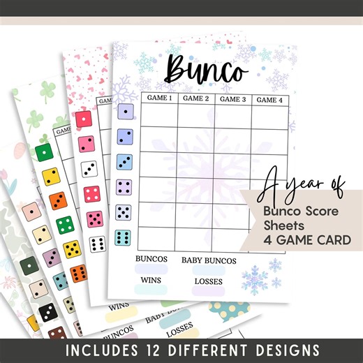 Printable Bunco Score Sheets (for 4 Games): 12 Designs for Monthly Bunco Night (PDF) - Etsy