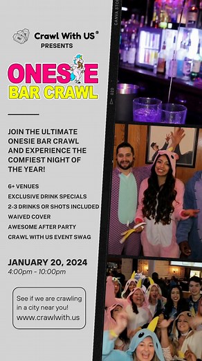 3K views · 26 reactions | Don't miss out on the coziest crawl of the year! Tickets available now www.crawlwith.us/onesie #OnesieBarCrawl #barcrawl #GetYourTicketsNow #Nationwide #CrawlWithUS #party | Crawl With Us | Facebook
