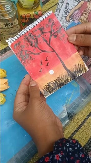 Easy Sunset Painting 🌅 | Tree Silhouette Art Tutorial | Relaxing Drawing #shorts #artistic bar
