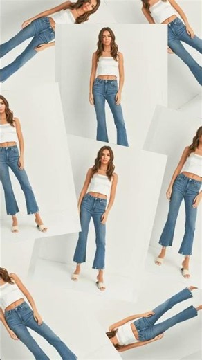 High rise denim crop flare with distressed hem at bottom