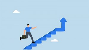 4k animation of businessman climbs ladder of success with arrow.