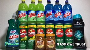 32K views · 1.5K reactions | 6 bottles of Ajax, 6 cans of Comet, Yellow Gel Beads, Axion Dish Soap and Downy Scent Beads (Full video) #asmrvideo #comet #ajax #productoverload #cleaningpaste #spongesqueezing #asmrbleach #asmrstudiocosponge #asmrstudioco #inasmrwetrust | IN ASMR WE TRUST | Facebook