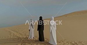 A group of women in the desert of Saudi Arabia, sand dunes in the desert areas, desert nature in the Kingdom of Saudi Arabia, desert of the Arabian Peninsula - Video