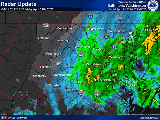 Latest radar imagery continues to show widespread light to moderate rain generally along and east of I-81. This will continue into the overnight as an area of coastal low pressure moves northward. | US National Weather Service Baltimore/Washington
