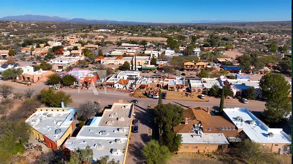 Tubac historic town center aerial view including Tubac Plaza and historic adobe style house on Tubac Road in town of Tubac, Santa Cruz County, Arizona AZ, USA.