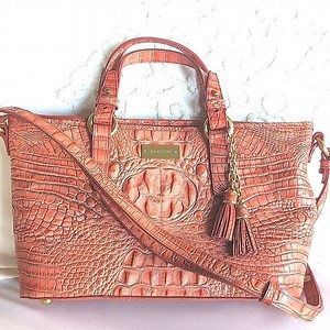 Brahmin Mini Asher Tulle Coral Colored Crock Embossed Leather Brass Hardware NWT