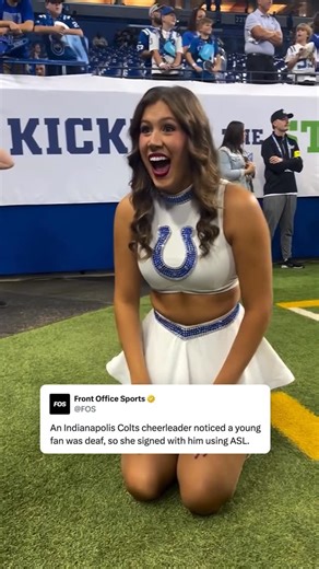 Front Office Sports on Instagram: "Colts cheerleader Morgan McLain noticed a young fan was deaf, so she began signing with him in ASL so they could communicate together. (🎥 via @uniquelikem3)"