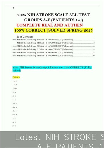 Latest NIH STROKE SCALE ALL TEST GROUPS A F PATIENTS 1 6 COMPLETE REAL AND AUTHENTIC 100 CORRECTSOL